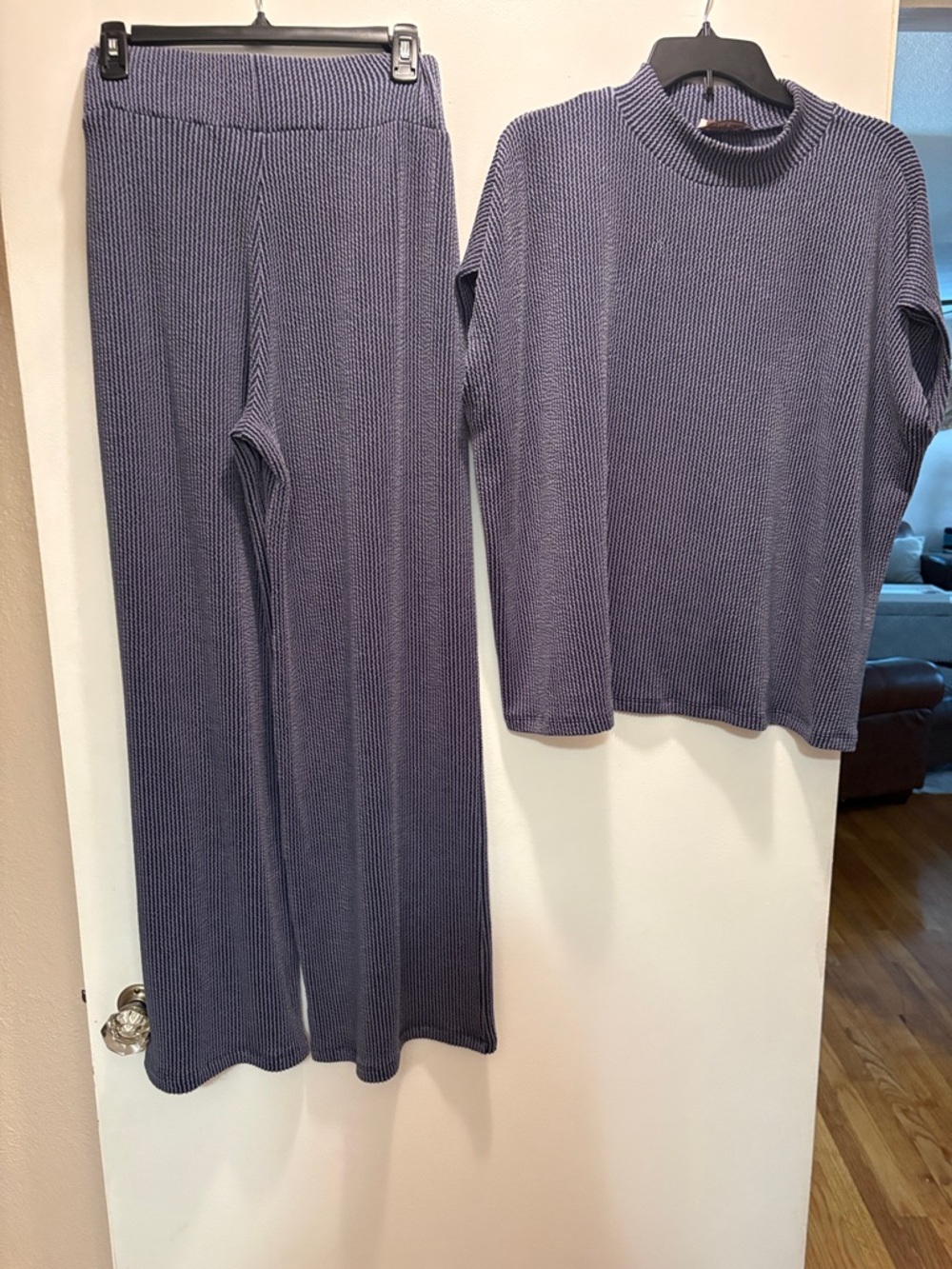 Zenana Outfitters Ribbed Knit Boot Cut Pants & Top Set in Lavender Blue